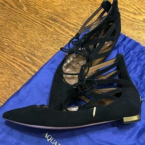 Aquazzura black tie flats with gold heel